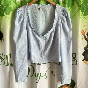 Top Shop light blue checkered pattern ruffle v neck peasant top